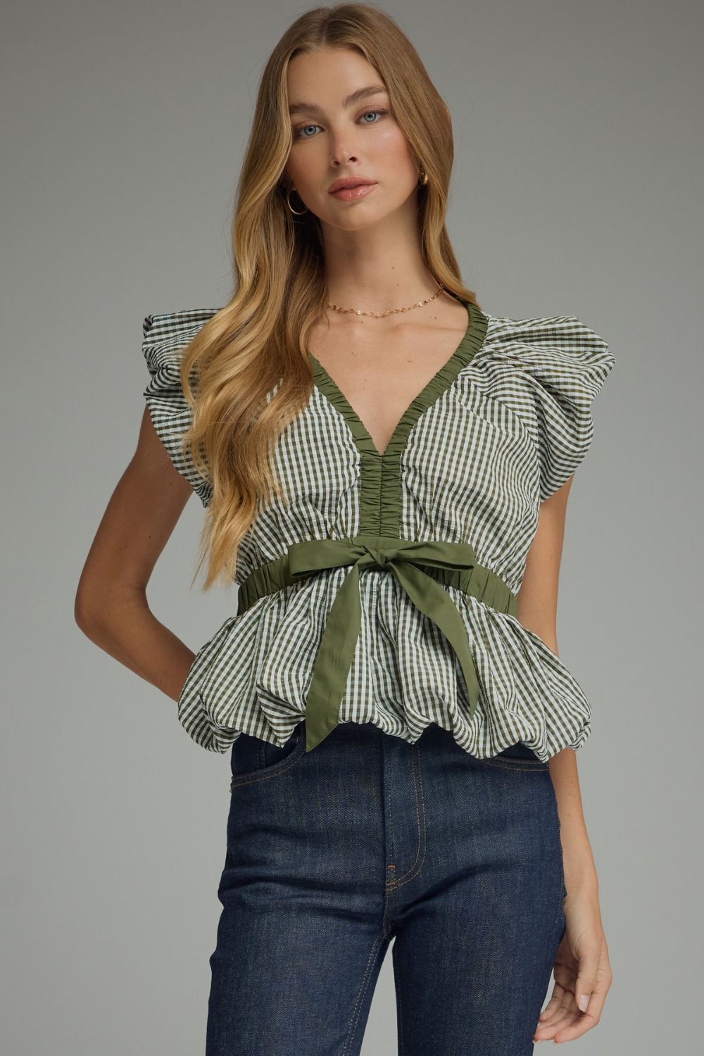 Olive Gingham Bow Babydoll Top