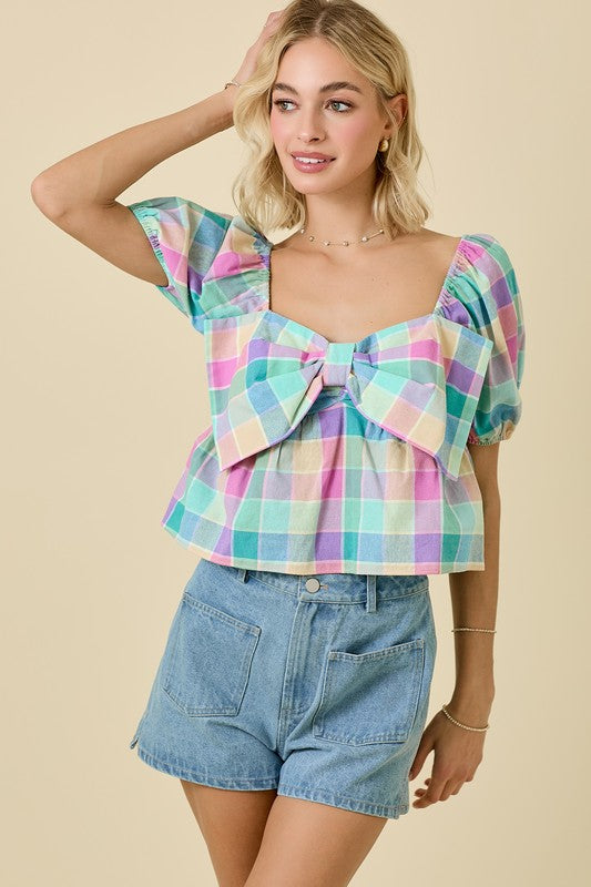 Pastel gingham bow top