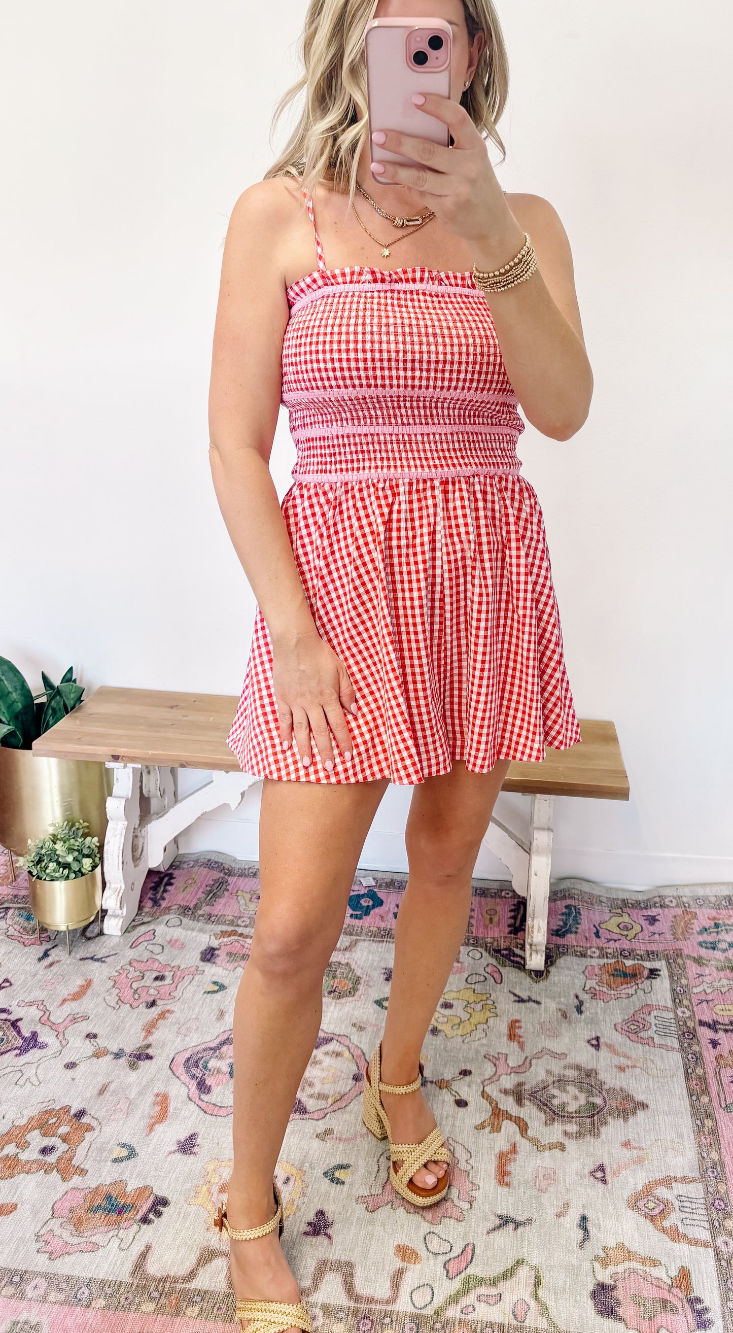 Red and pink trimmed romper
