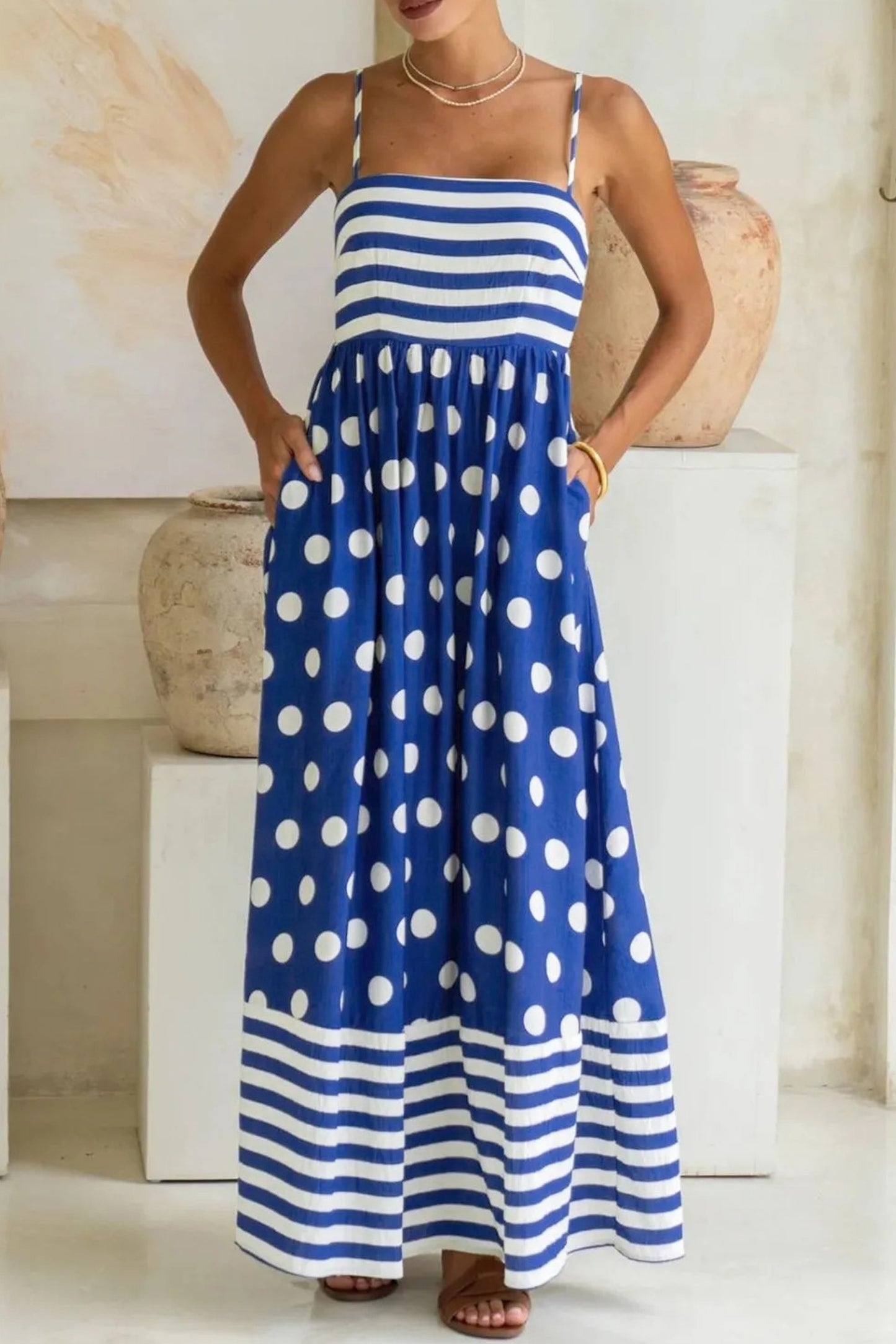 Blue Striped Polka Dot Dress