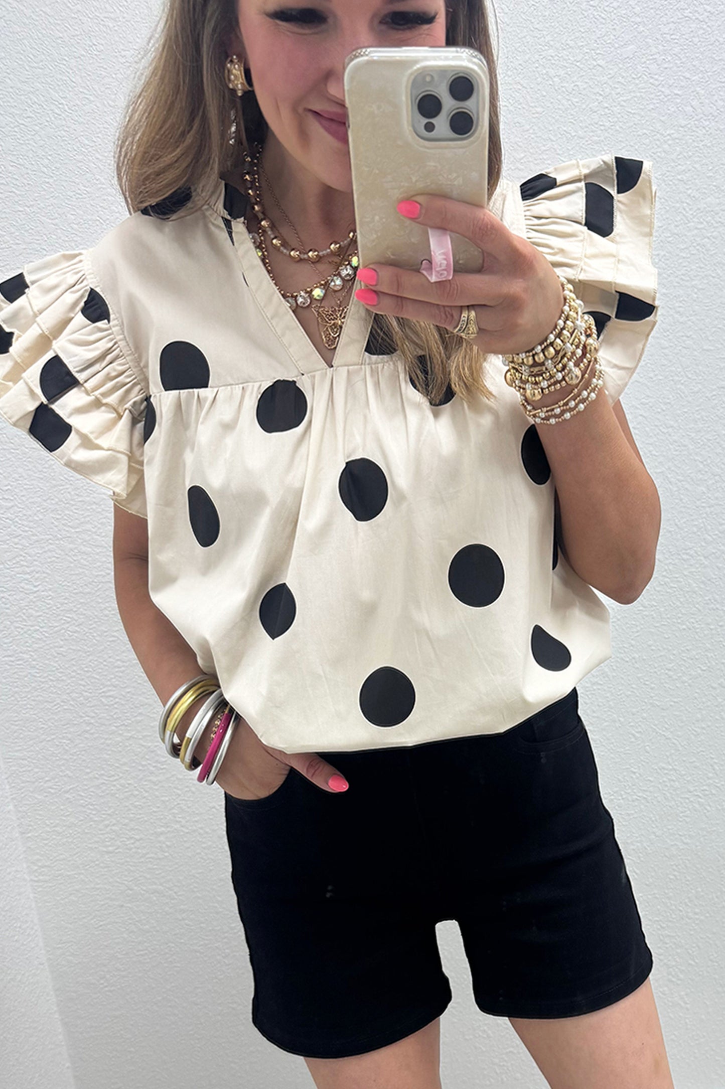 Apricot Casual Polka Dot Blouse
