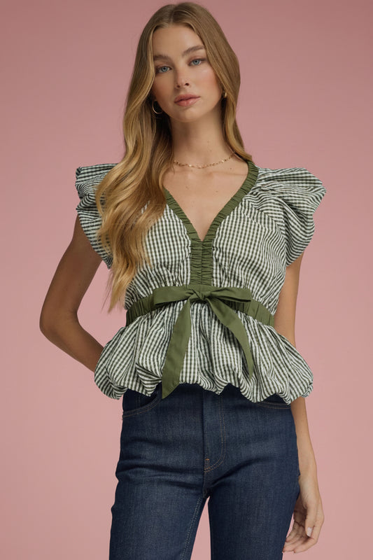 Olive Gingham Bow Babydoll Top
