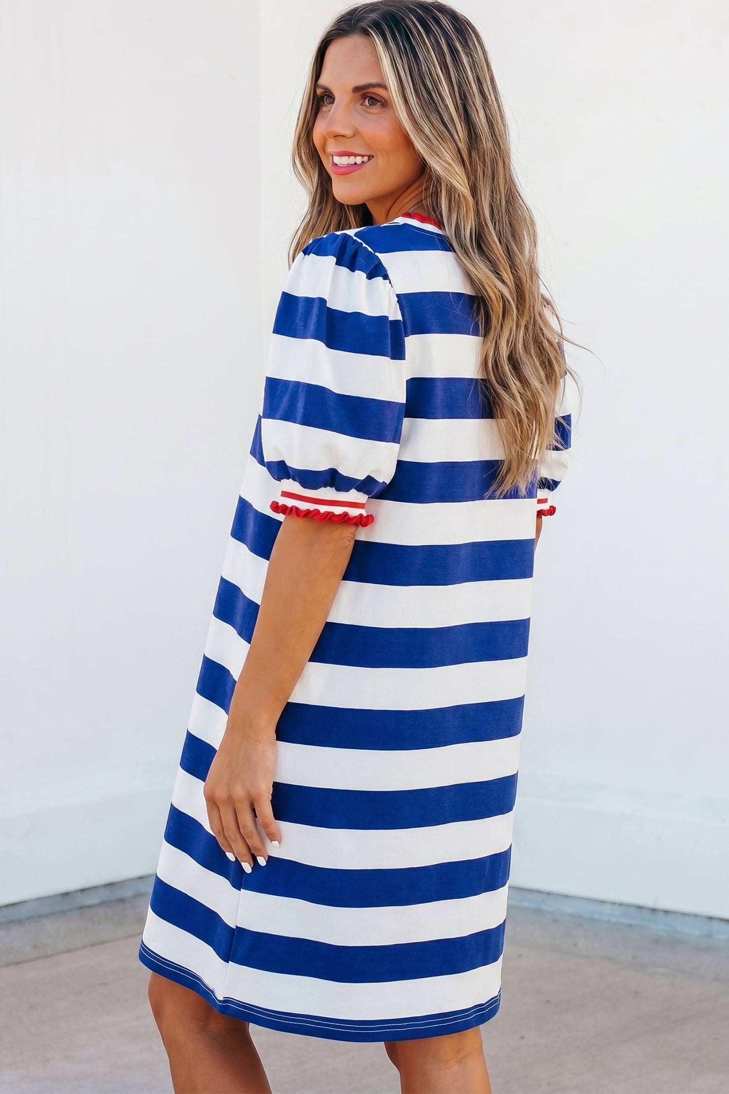Blue Stripe Puff Sleeve Shift Dress