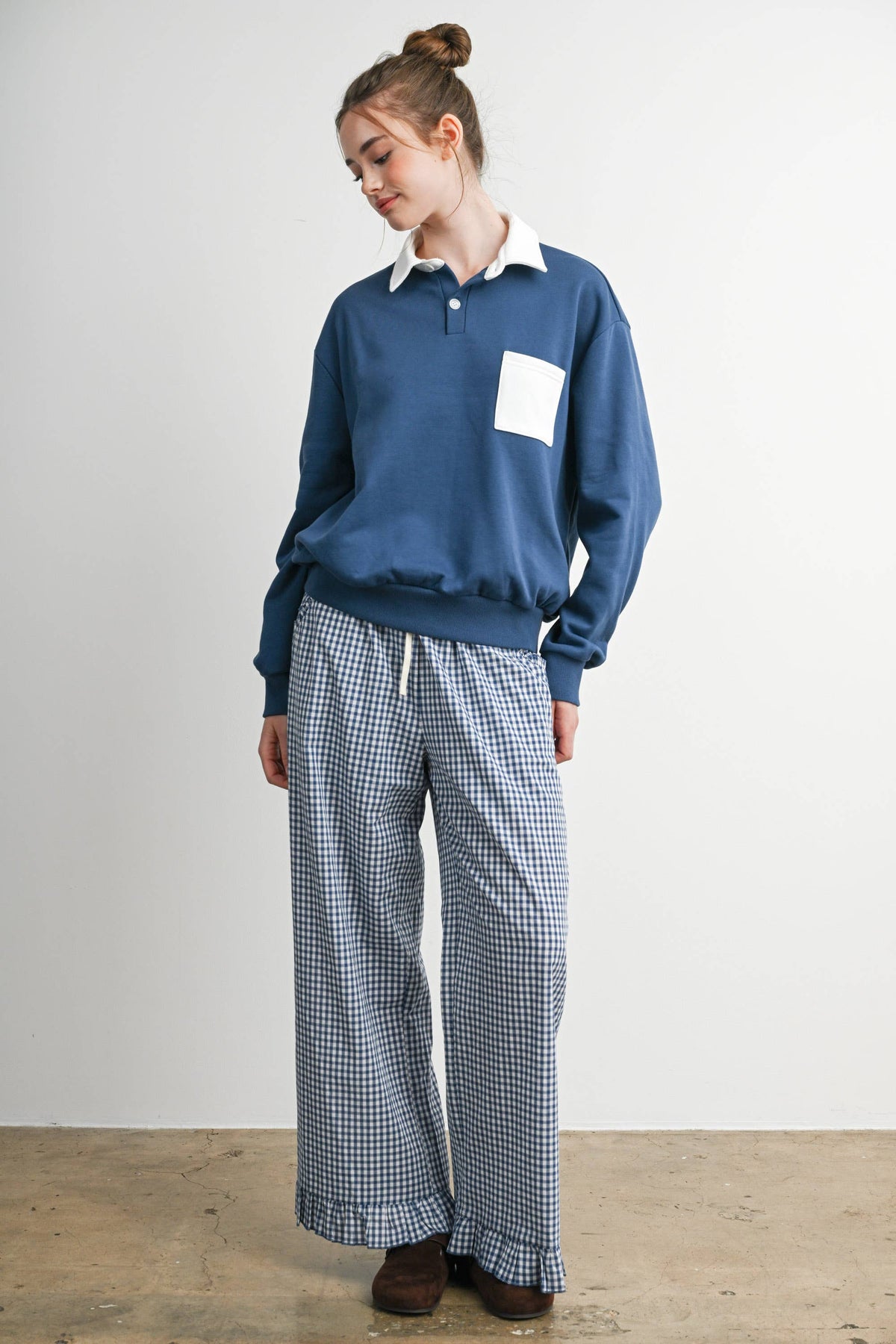 Gingham Ruffle Hem Wide Leg Pants