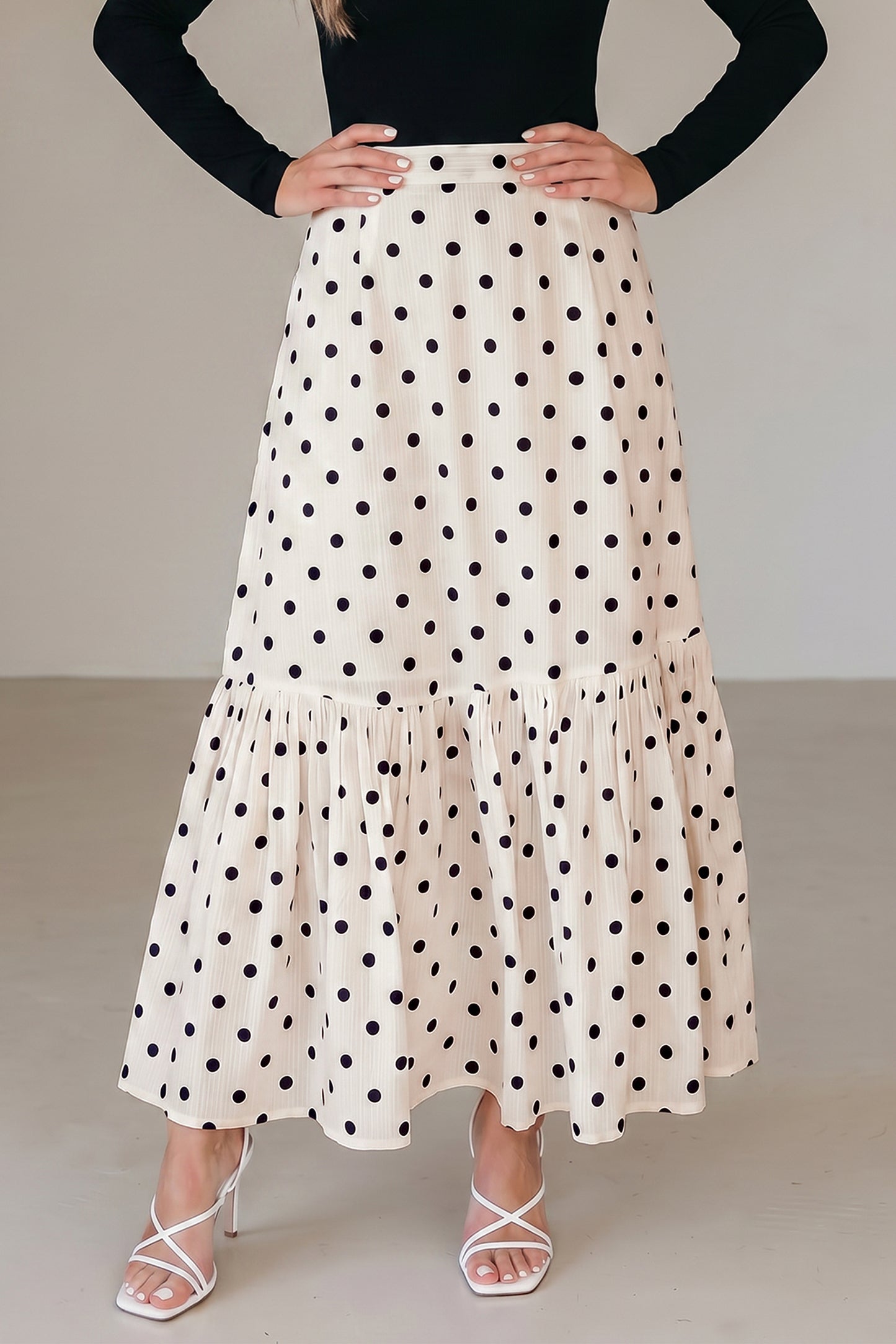 White Polka Dot Ruffled Slit Maxi Skirt