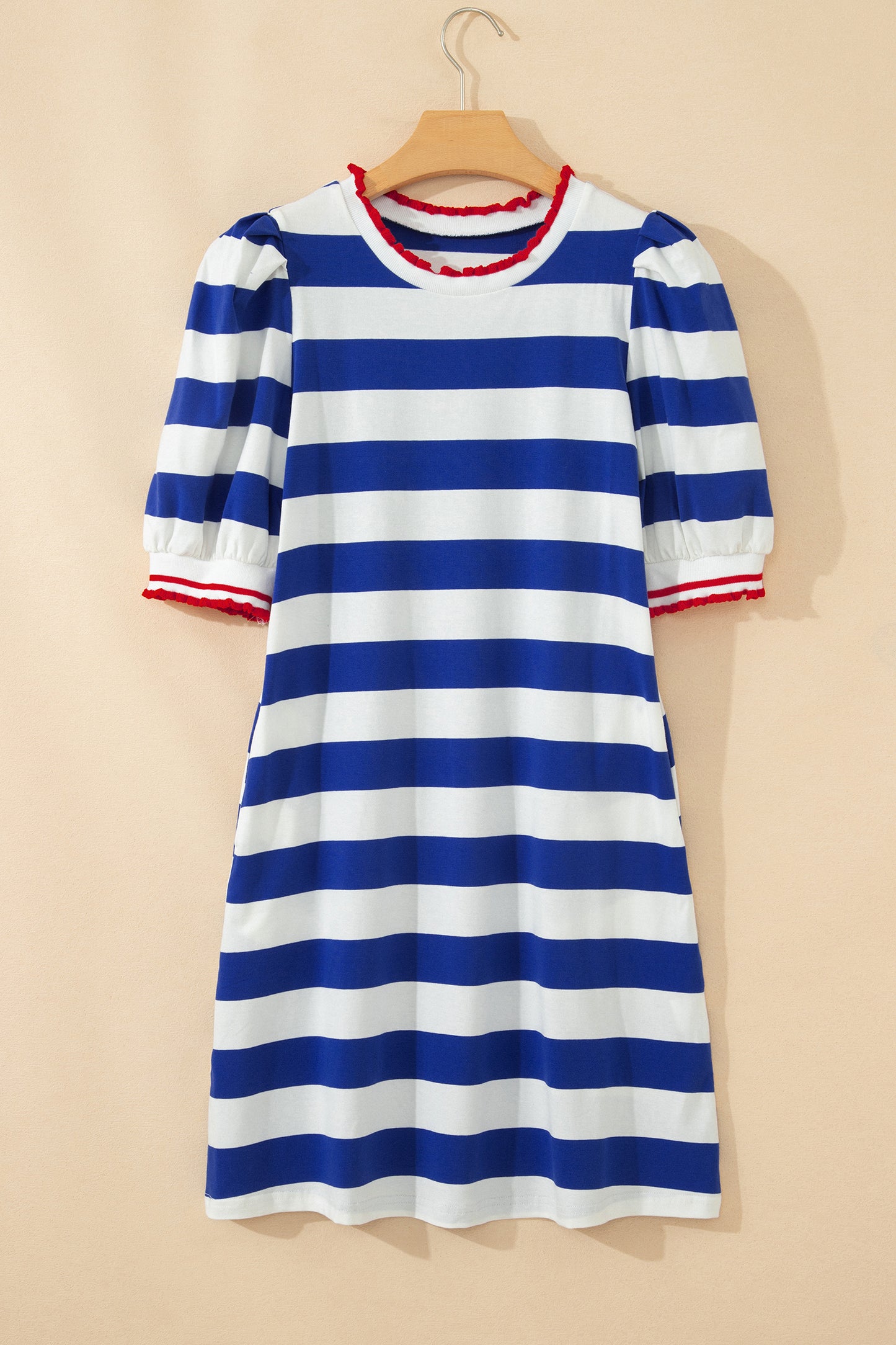 Blue Stripe Puff Sleeve Shift Dress