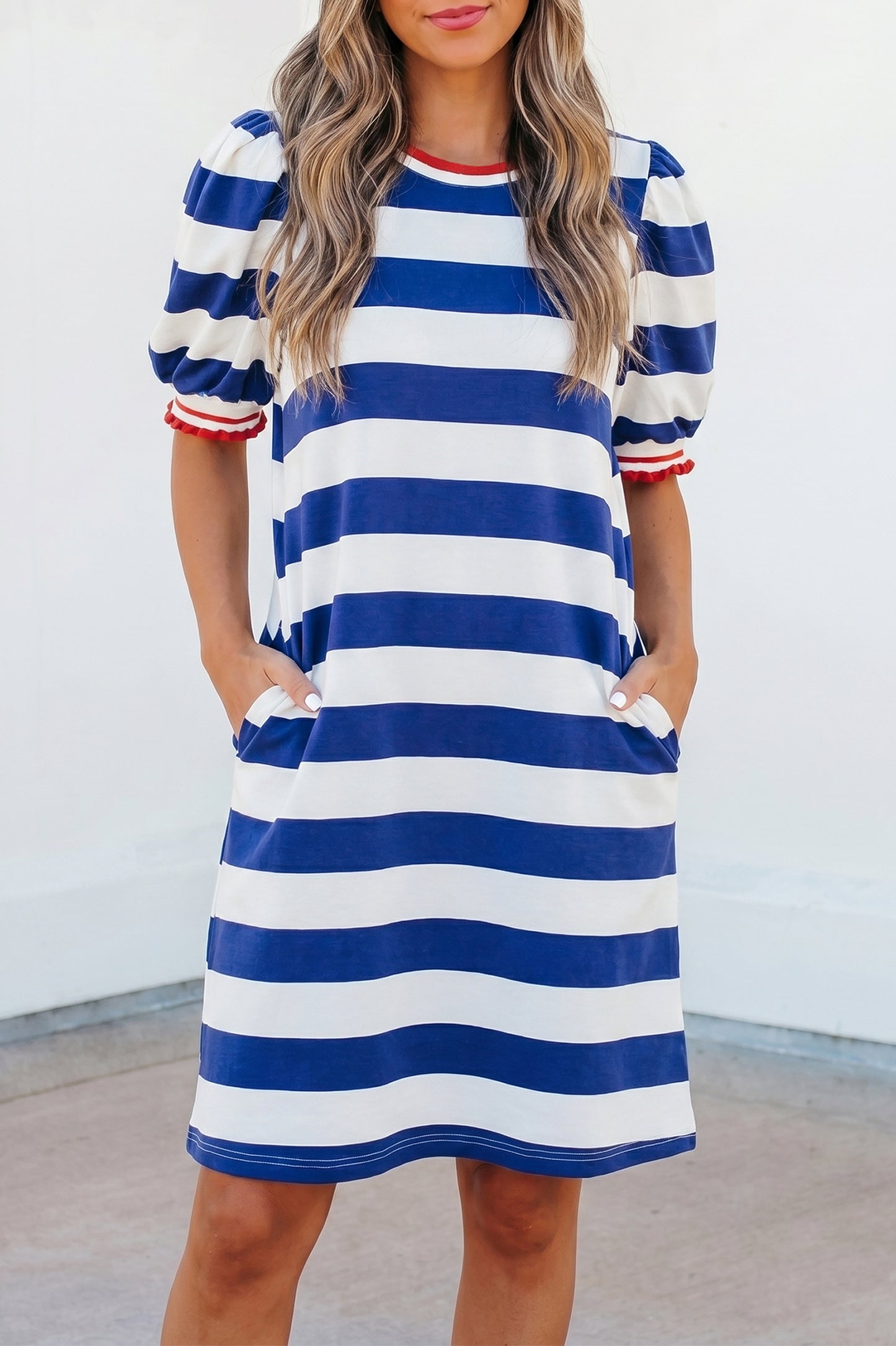 Blue Stripe Puff Sleeve Shift Dress