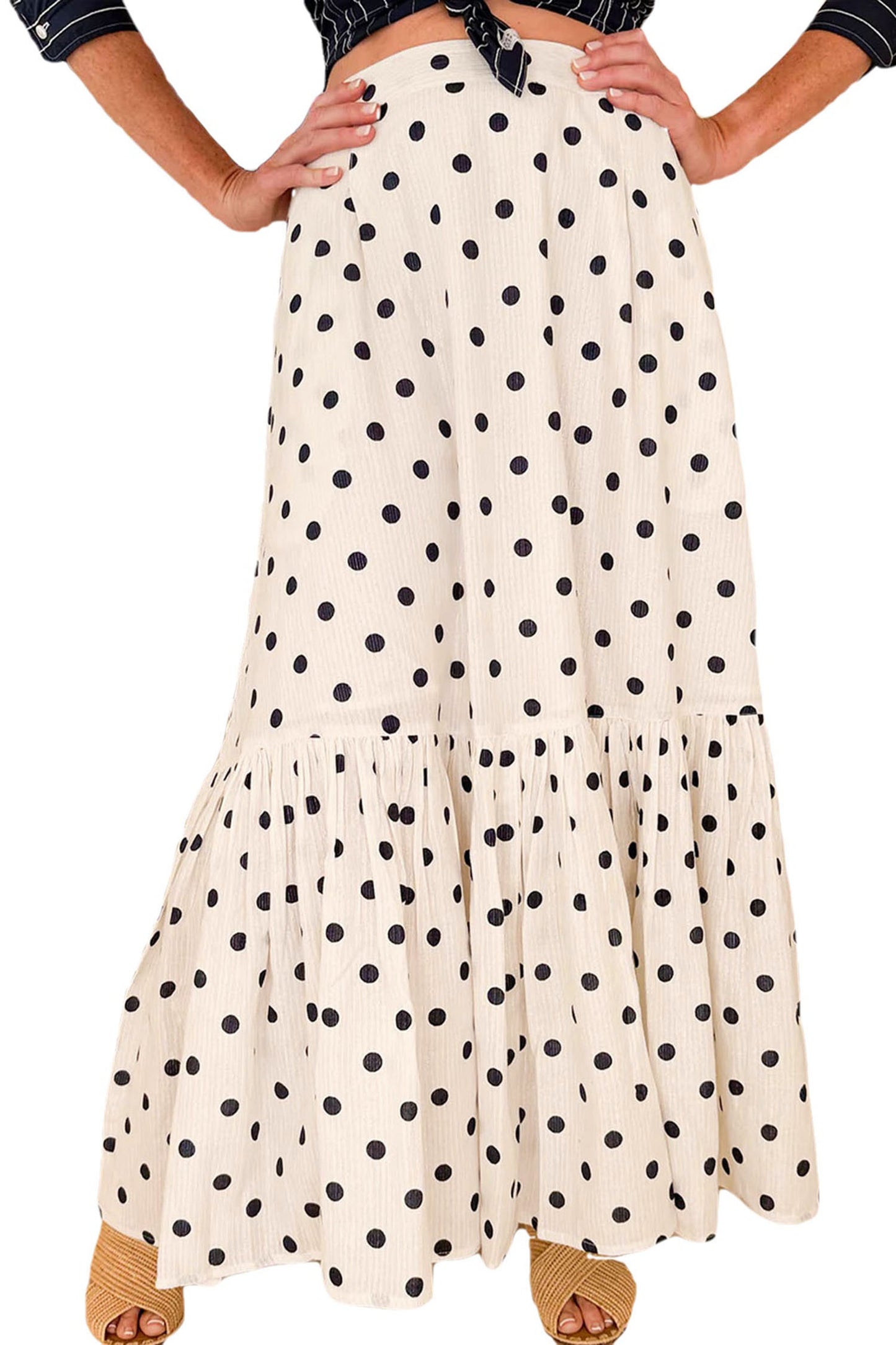 White Polka Dot Ruffled Slit Maxi Skirt