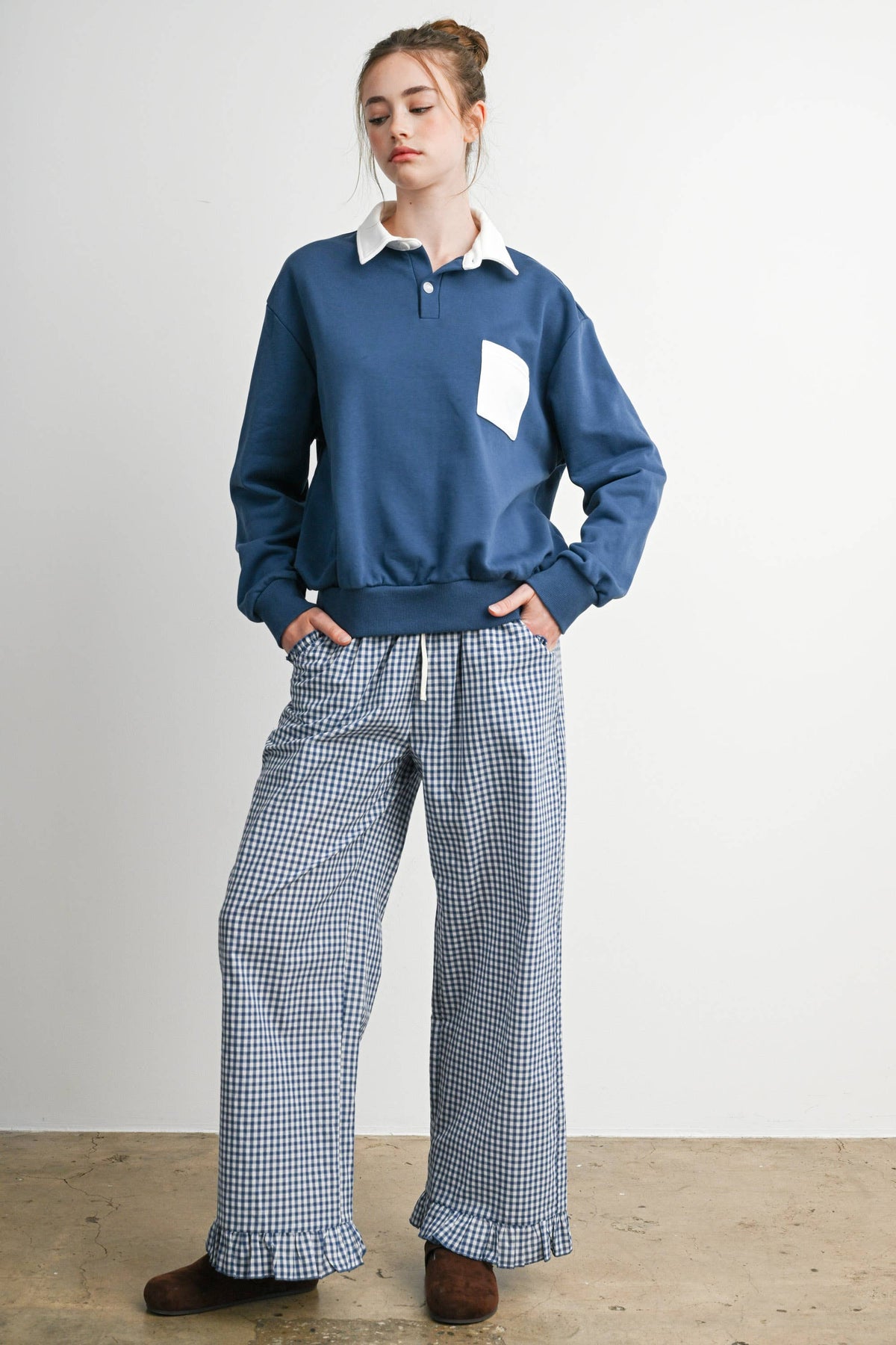 Gingham Ruffle Hem Wide Leg Pants