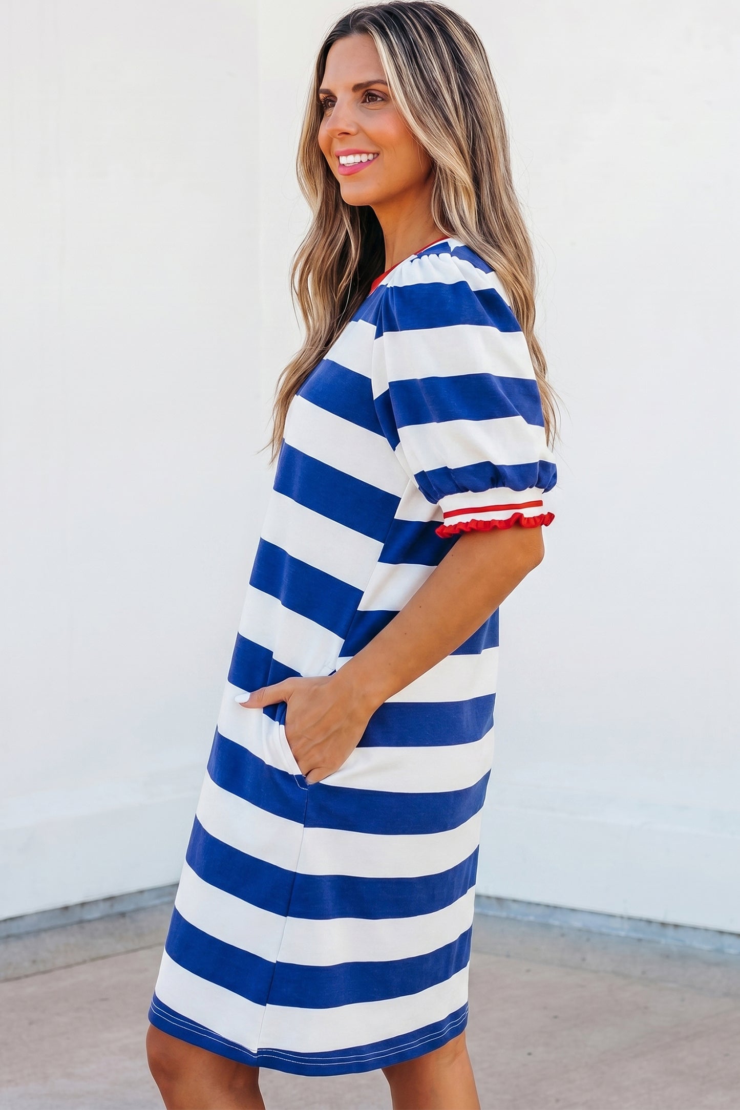 Blue Stripe Puff Sleeve Shift Dress