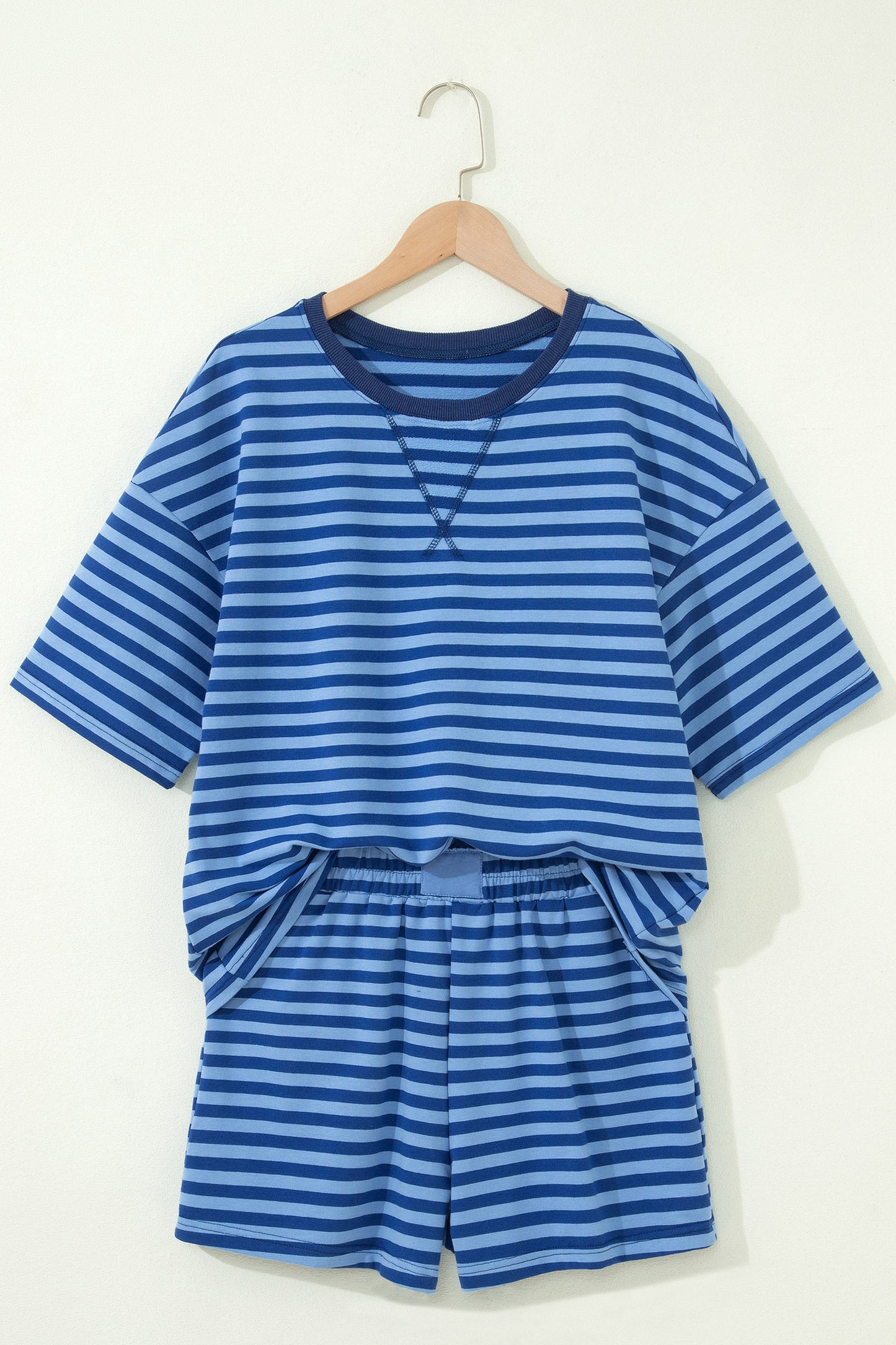 Blue Stripe Striped Ribbed Cotton Two-Piece Short Set