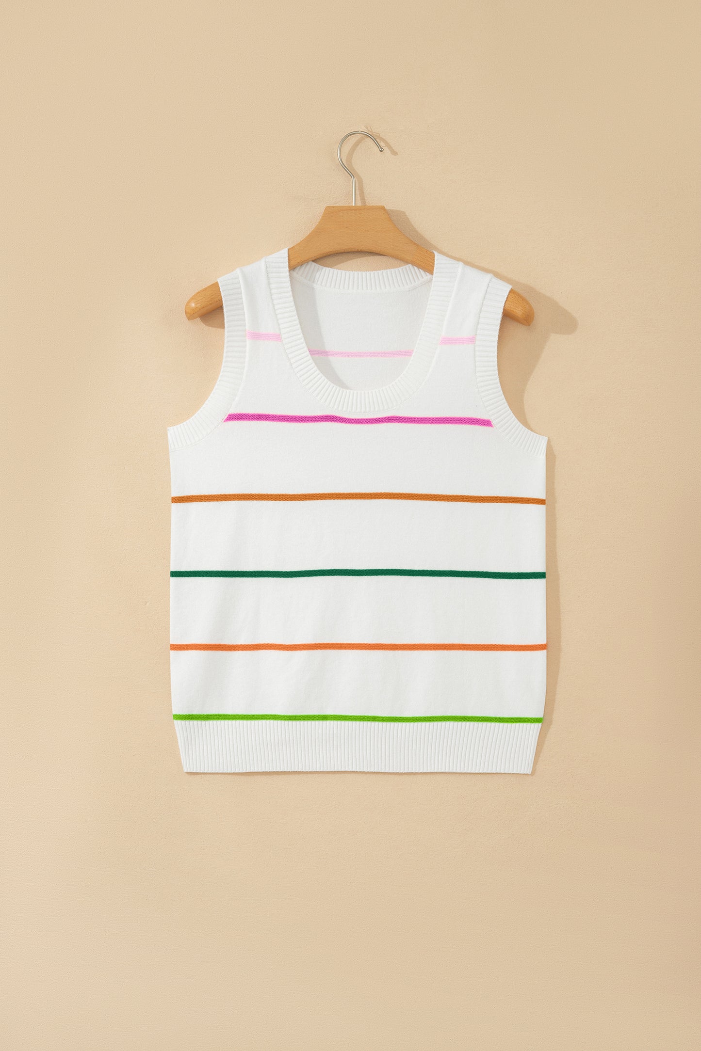 White Stripe Round Neck Knit Tank