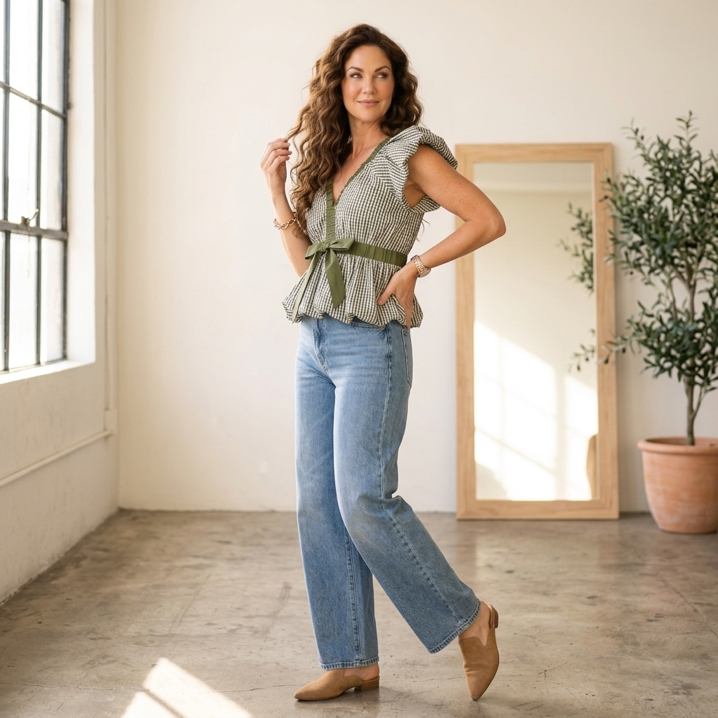 Olive Gingham Bow Babydoll Top