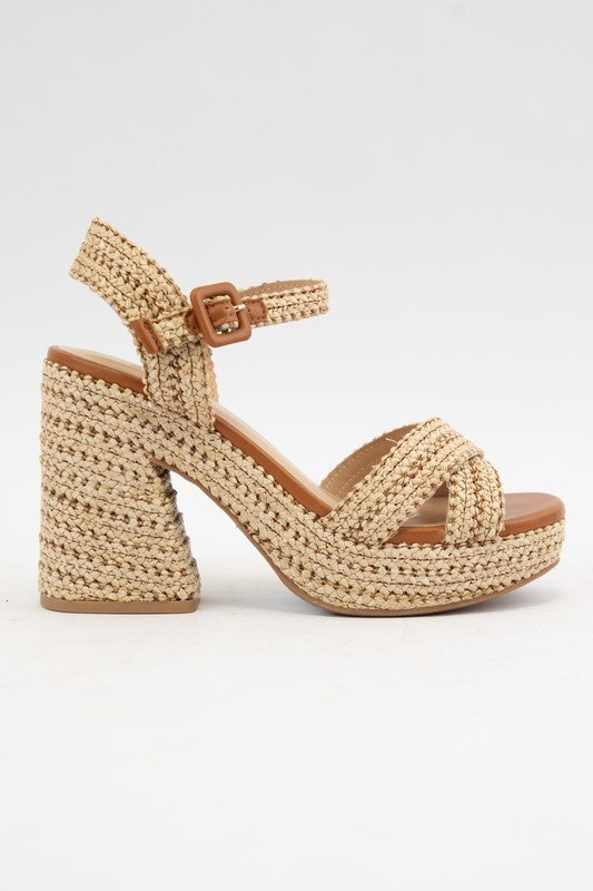 Raffia braided cross strap platform heel