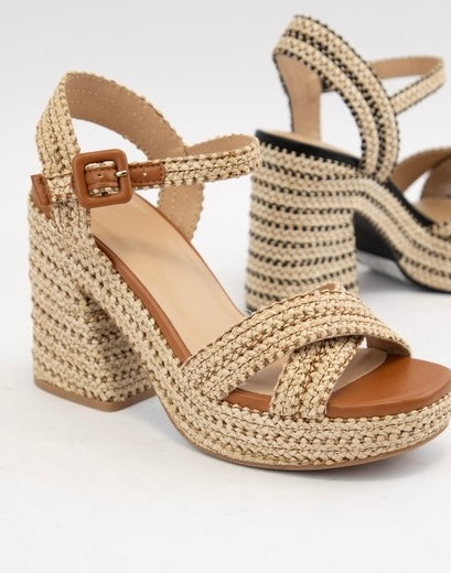 Raffia braided cross strap platform heel