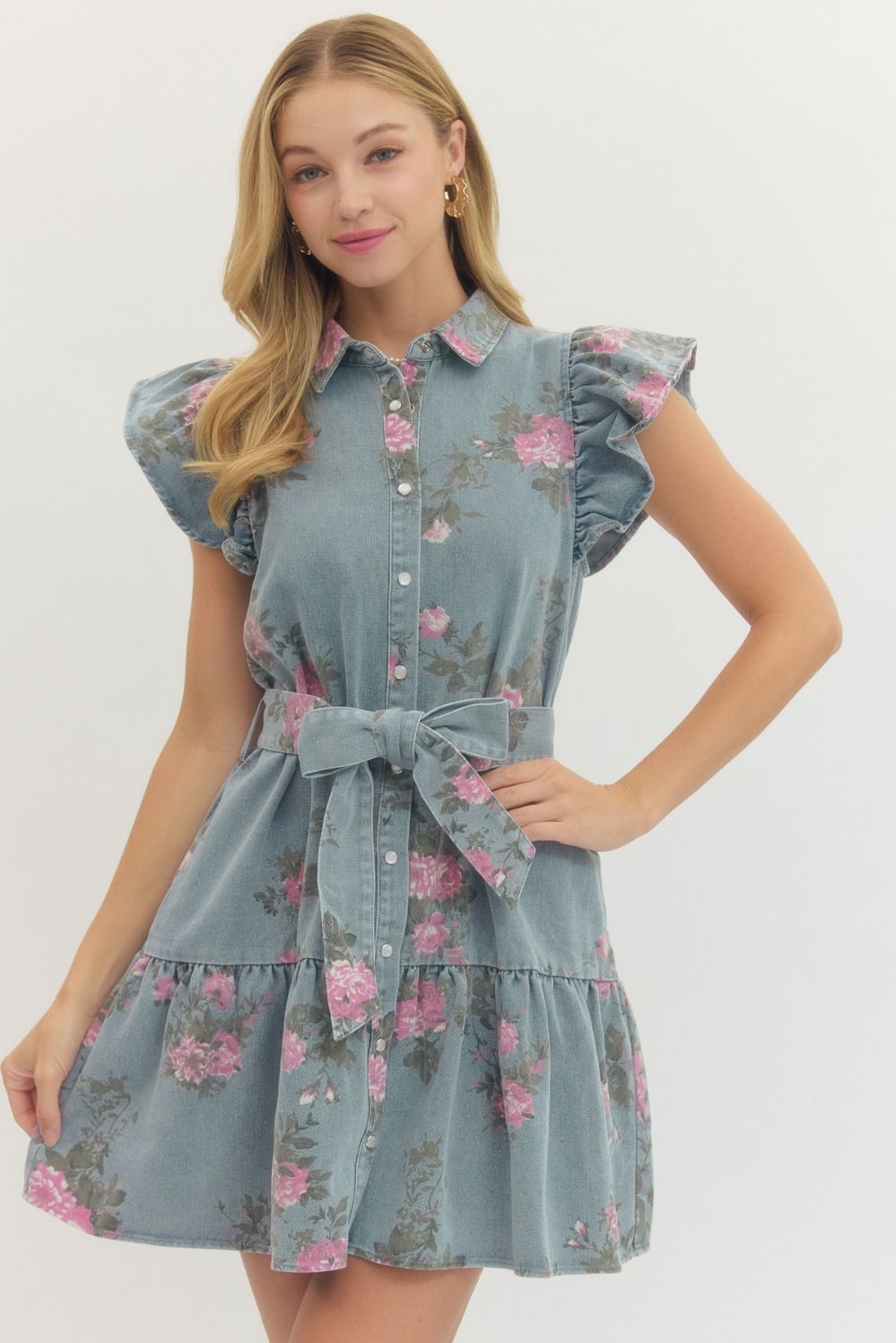 Floral denim tie dress