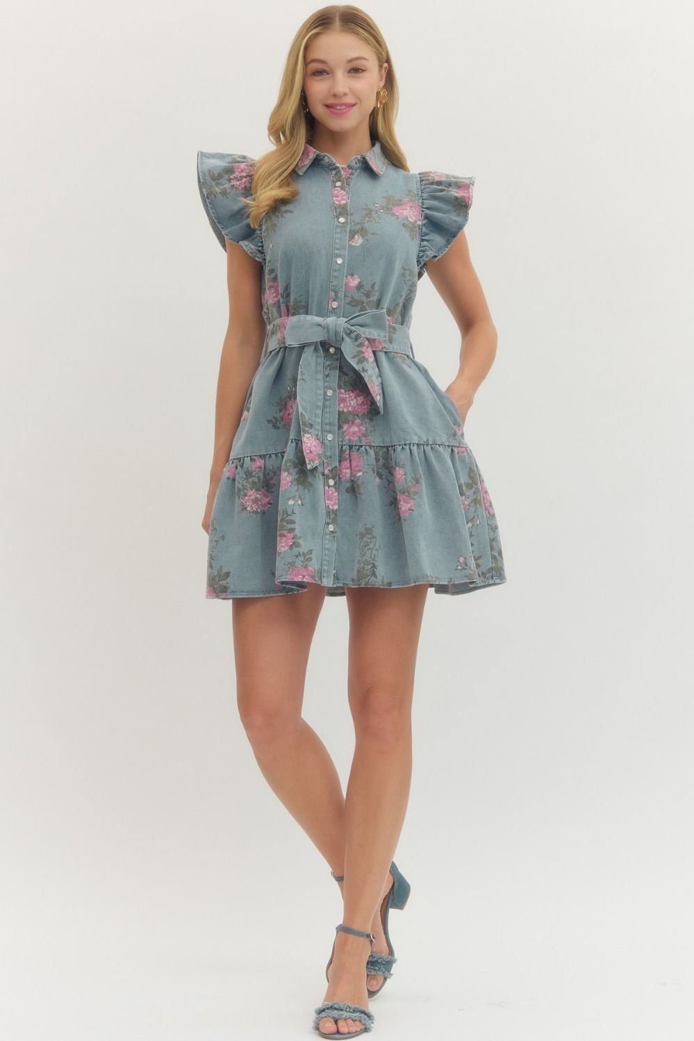 Floral denim tie dress
