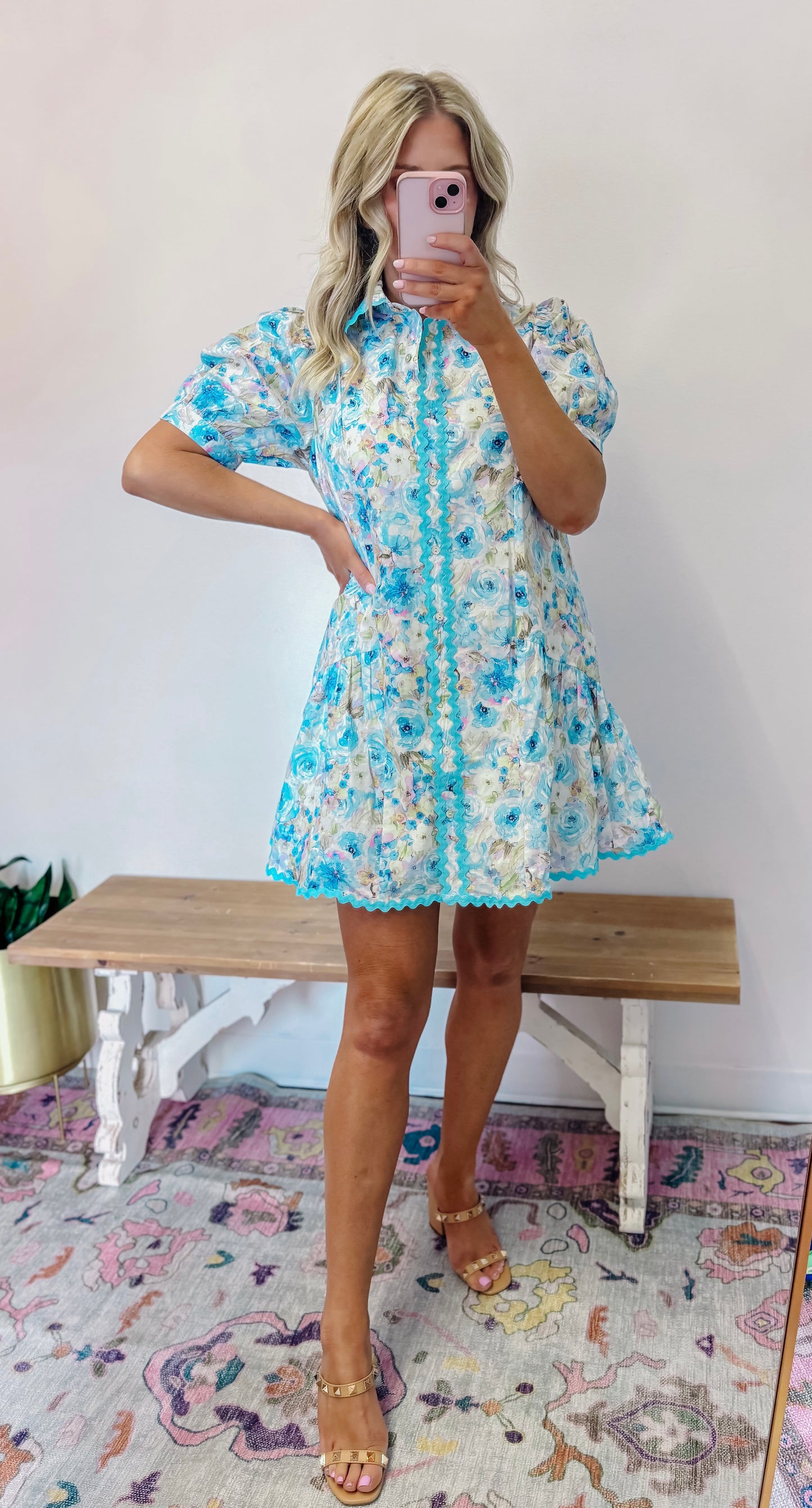 Aqua blue floral Ric rac dress