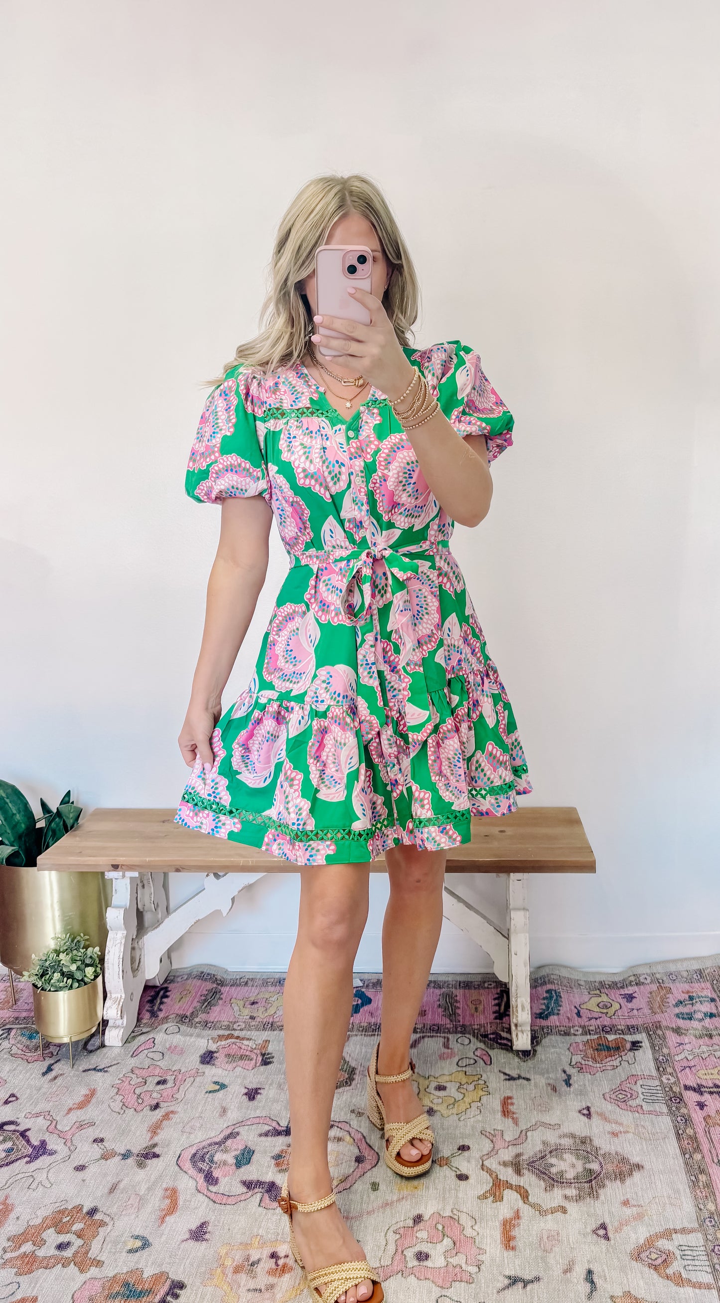 Mary Square Pink and green eyelet tie dress