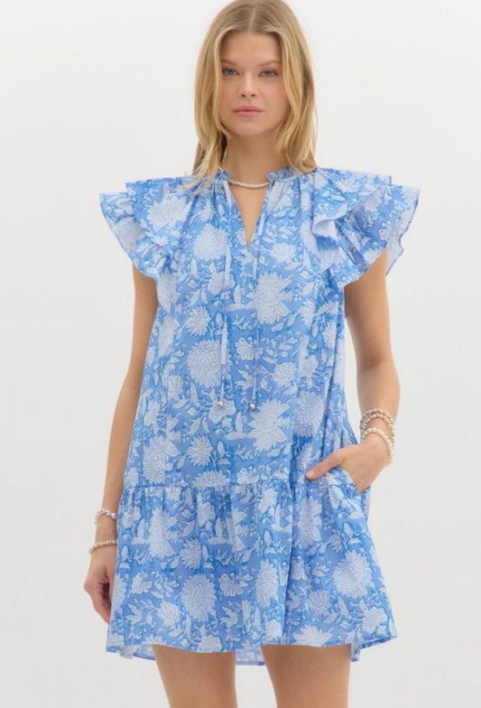 Blue flutter sleeve dress