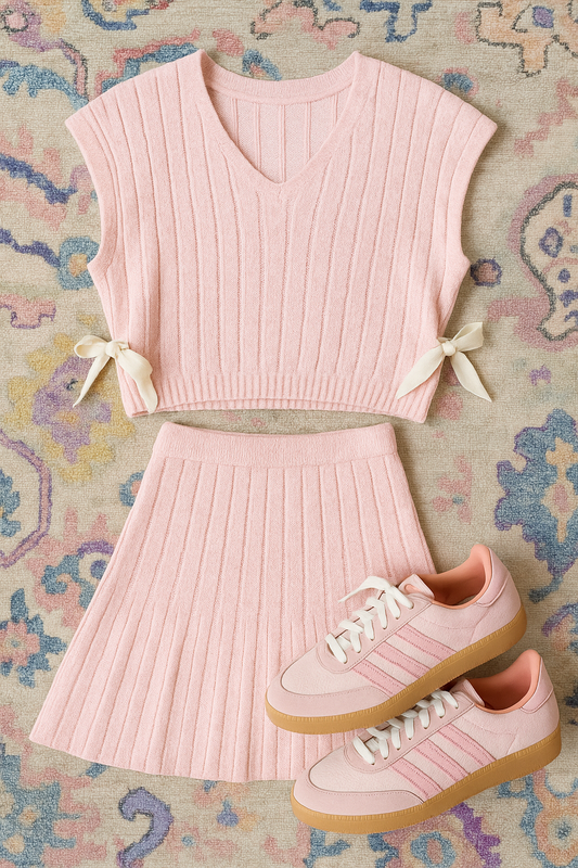 Boxy sweater vest with side ties and skirt set