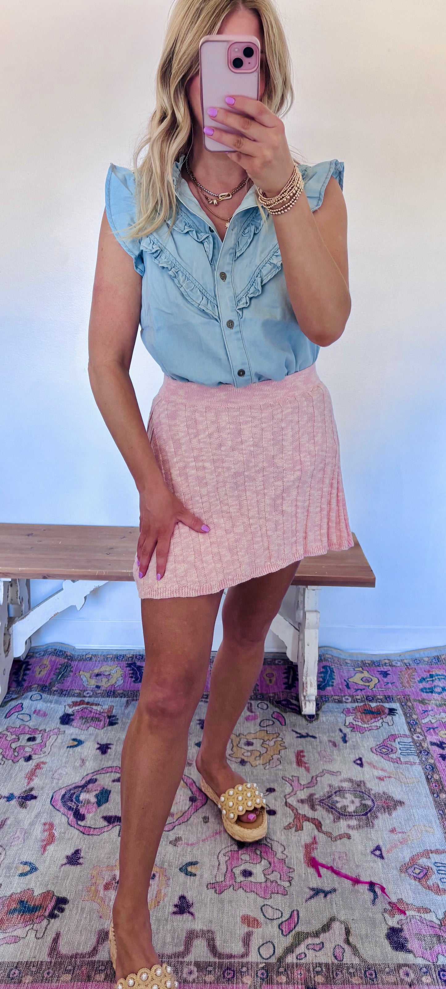 Light denim ruffle button blouse