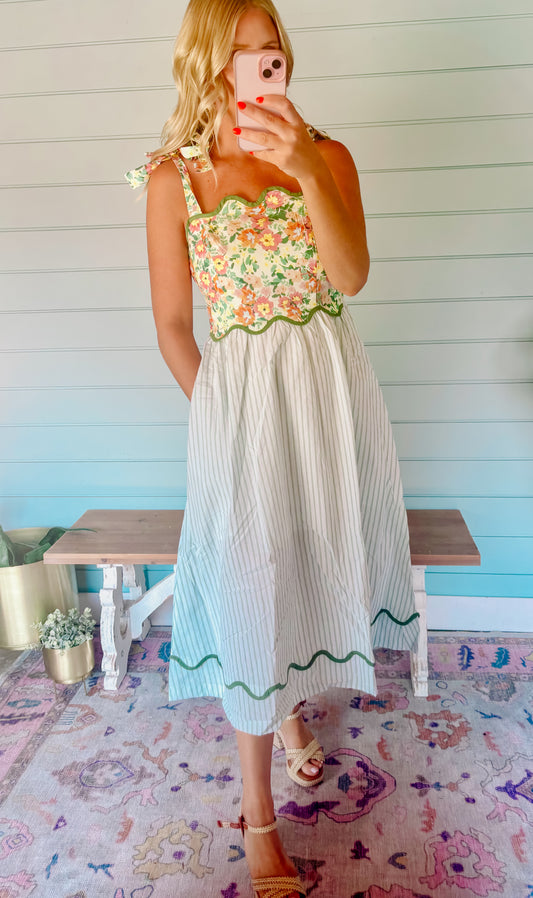 Mixed print scalloped dress