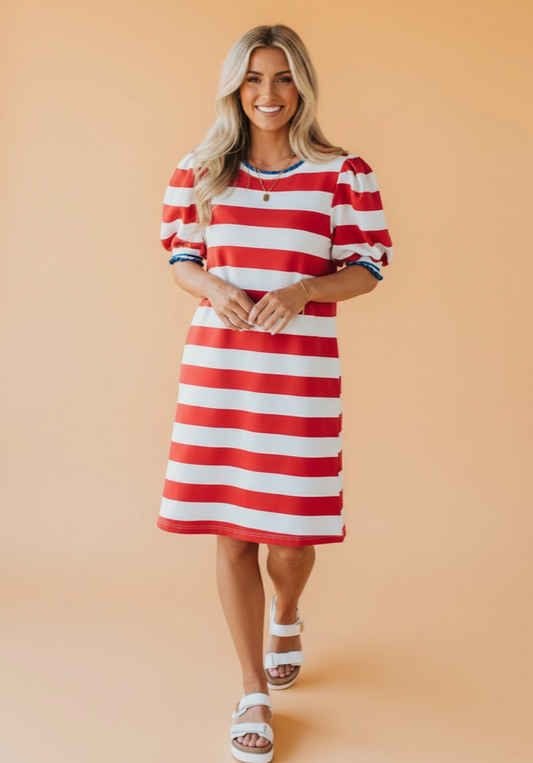 Americana Stripe Contrast Trim Puff Sleeve Dress