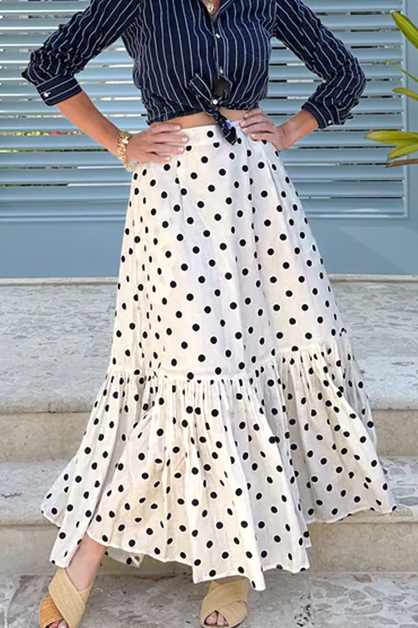 White Polka Dot Ruffled Slit Maxi Skirt