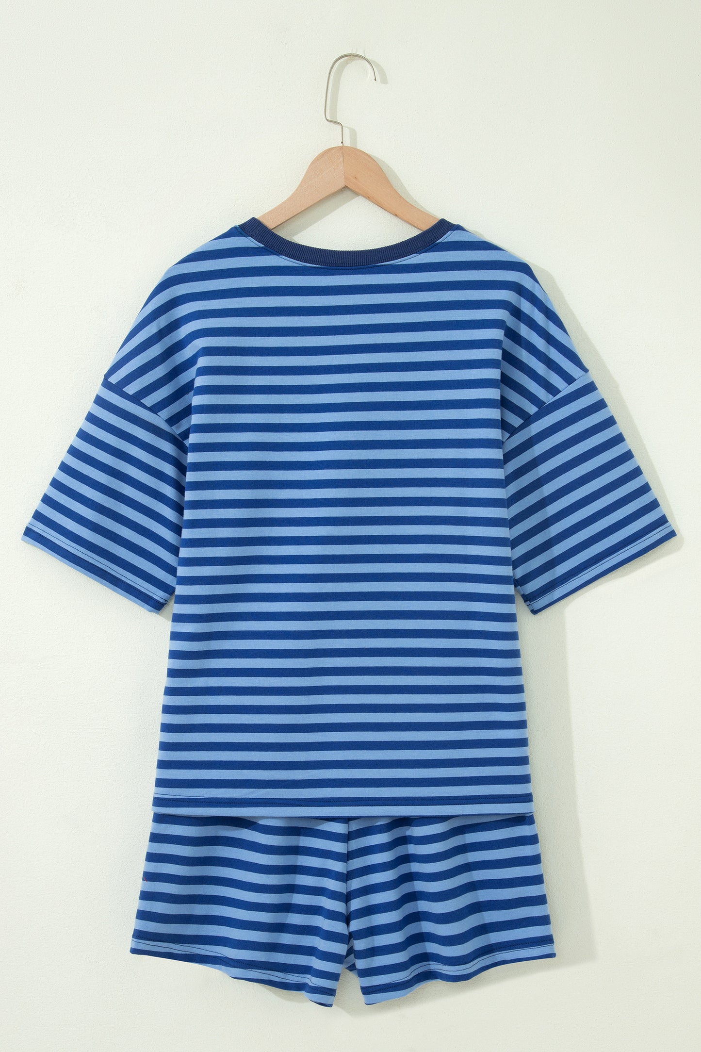 Blue Stripe Striped Ribbed Cotton Two-Piece Short Set