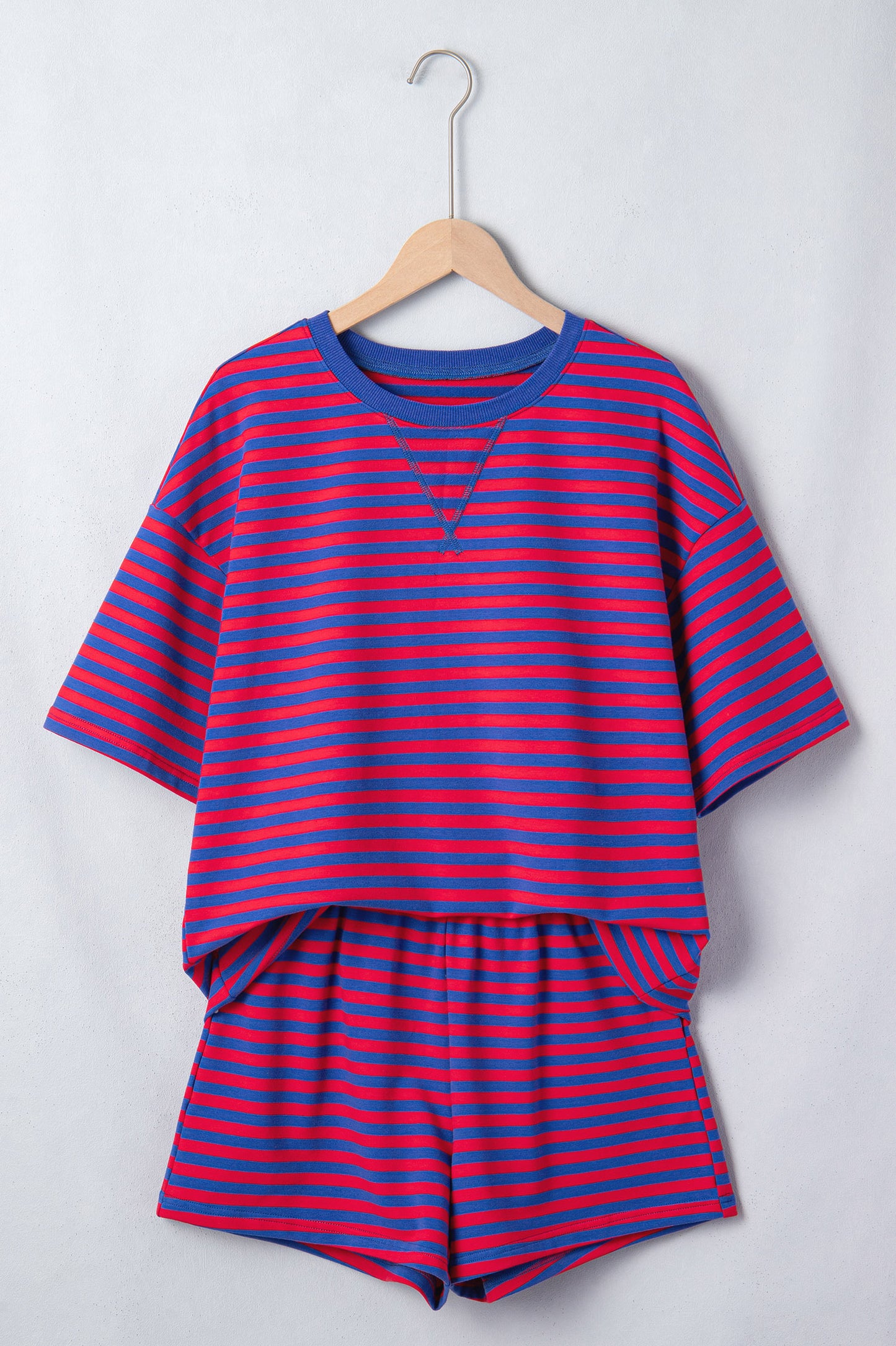 Navy Stripe Striped Ribbed Cotton Two-Piece Short Set