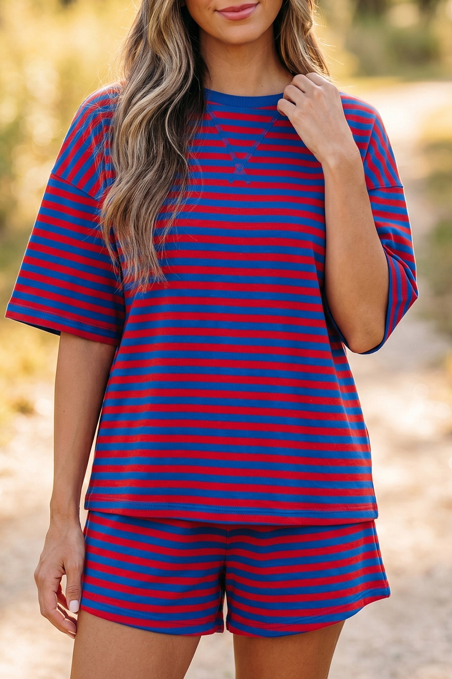 Navy Stripe Striped Ribbed Cotton Two-Piece Short Set